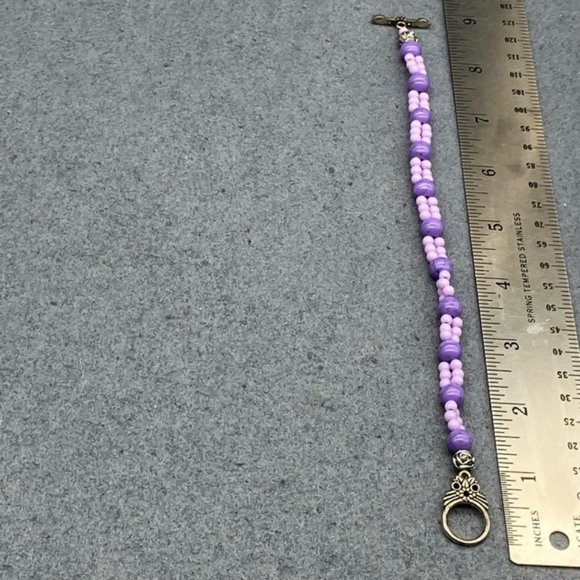 Toggle Bracelet 8 In Silver Flower Marbled Purple Lilac Round Bead Retro Cottage - Picture 6 of 8